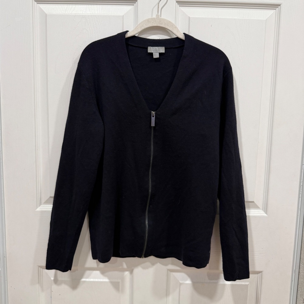 COS Navy Blue 100% Wool Zip Front V-Neck Cardigan Sweater Small